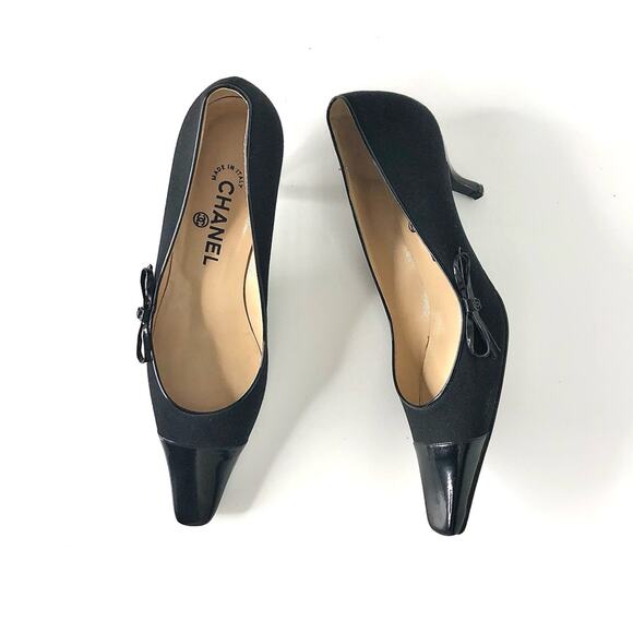 Chanel Retro Vintage Lagerfeld CC Bow Kitten Heel Pointed Toe Cap Toe Pumps 38 - Picture 1 of 11